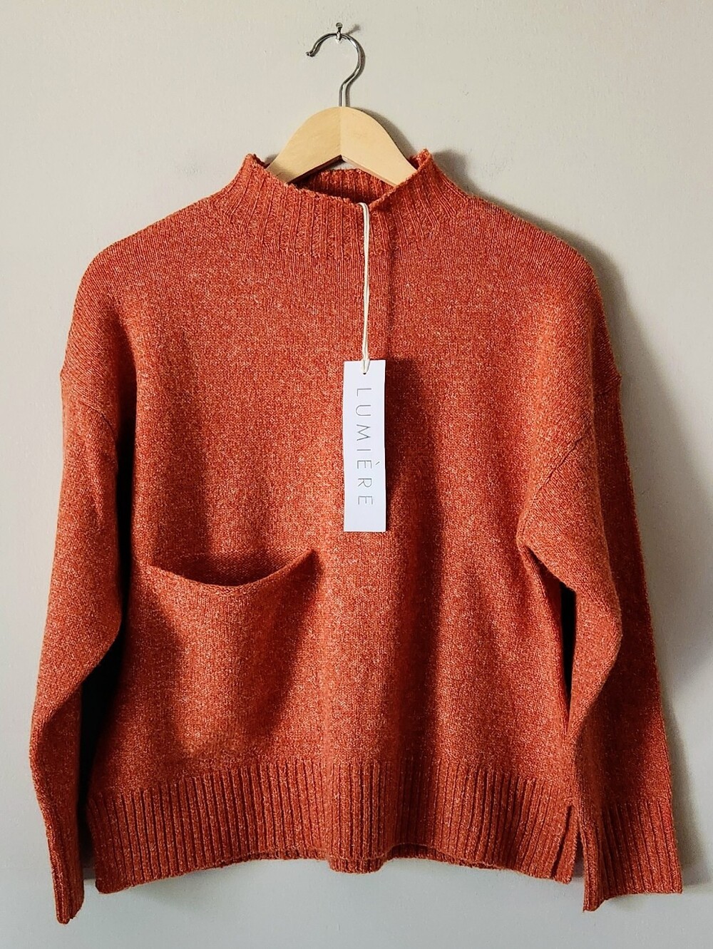 Lumiere Wool Blend Rust Orange Mock Neck Patch Pocket Sweater Sz S